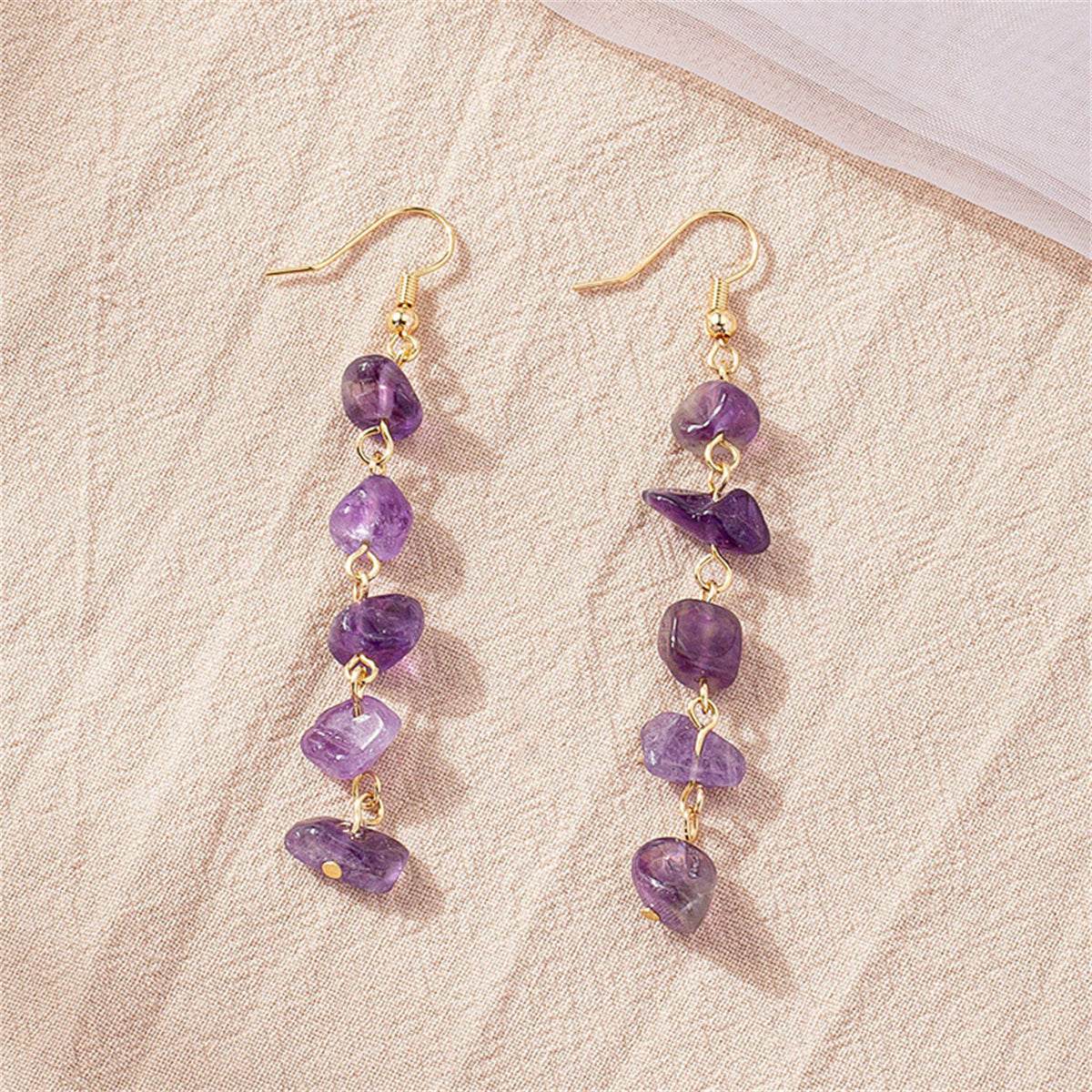 Purple Resin and 18K Gold-Plated Linear Drop Earrings, gold drop earrings for women, everyday style, styled look