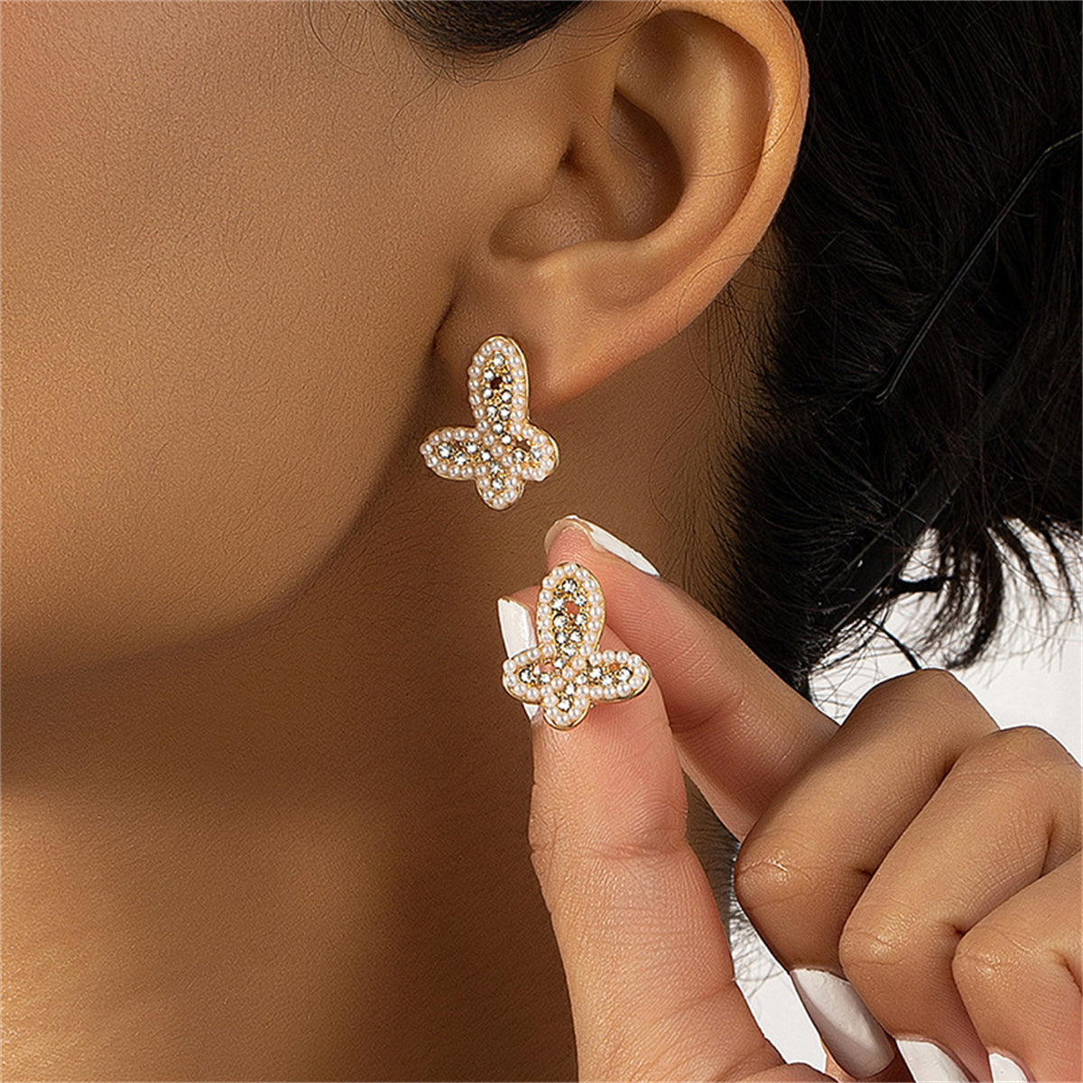 Pearl & Cubic Zirconia Butterfly Stud Earrings
