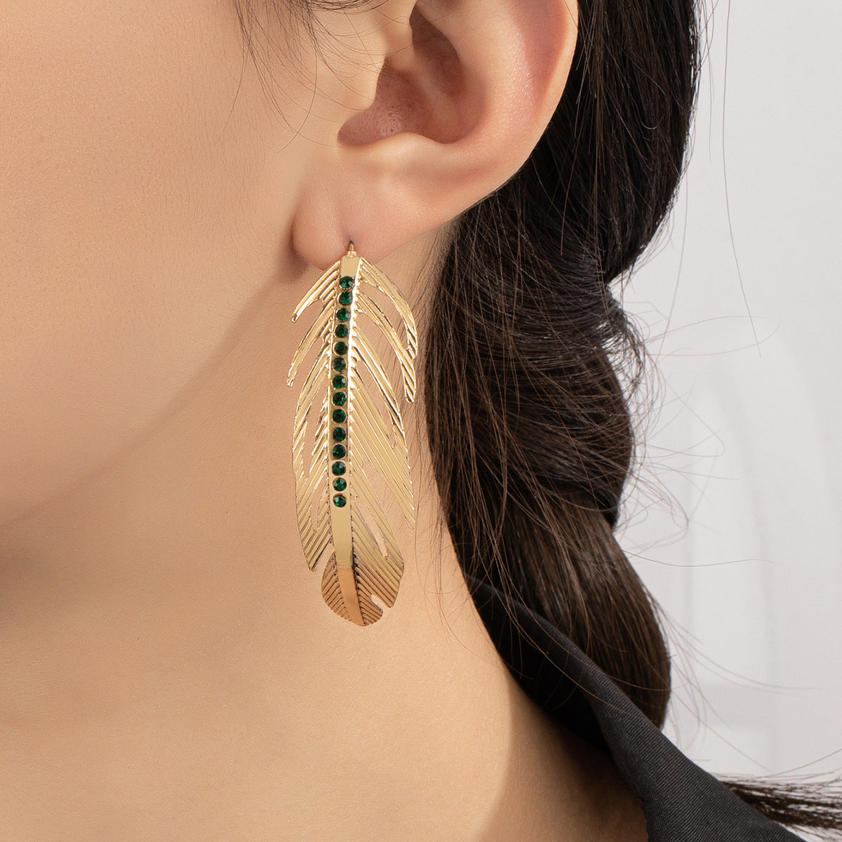 Black Cubic Zirconia and 18K Gold-Plated Feather Drop Earrings, gold drop earrings for women, lifestyle look