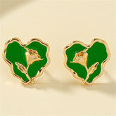 Green Enamel & 18K Gold-Plated Rose Heart Stud Earrings