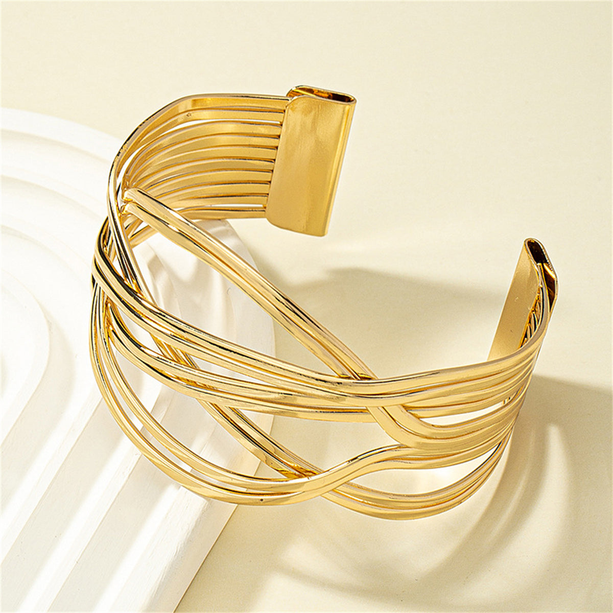 18K Gold-Plated Crossing Lines Cuff, gold bracelet for women, everyday style, styled look