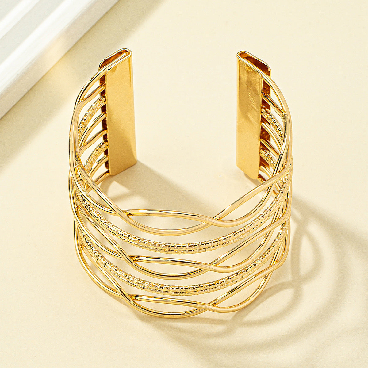 18K Gold-Plated Textured Heartbeat Layered Cuff, gold bracelet for women, vintage-inspired design, lifestyle look