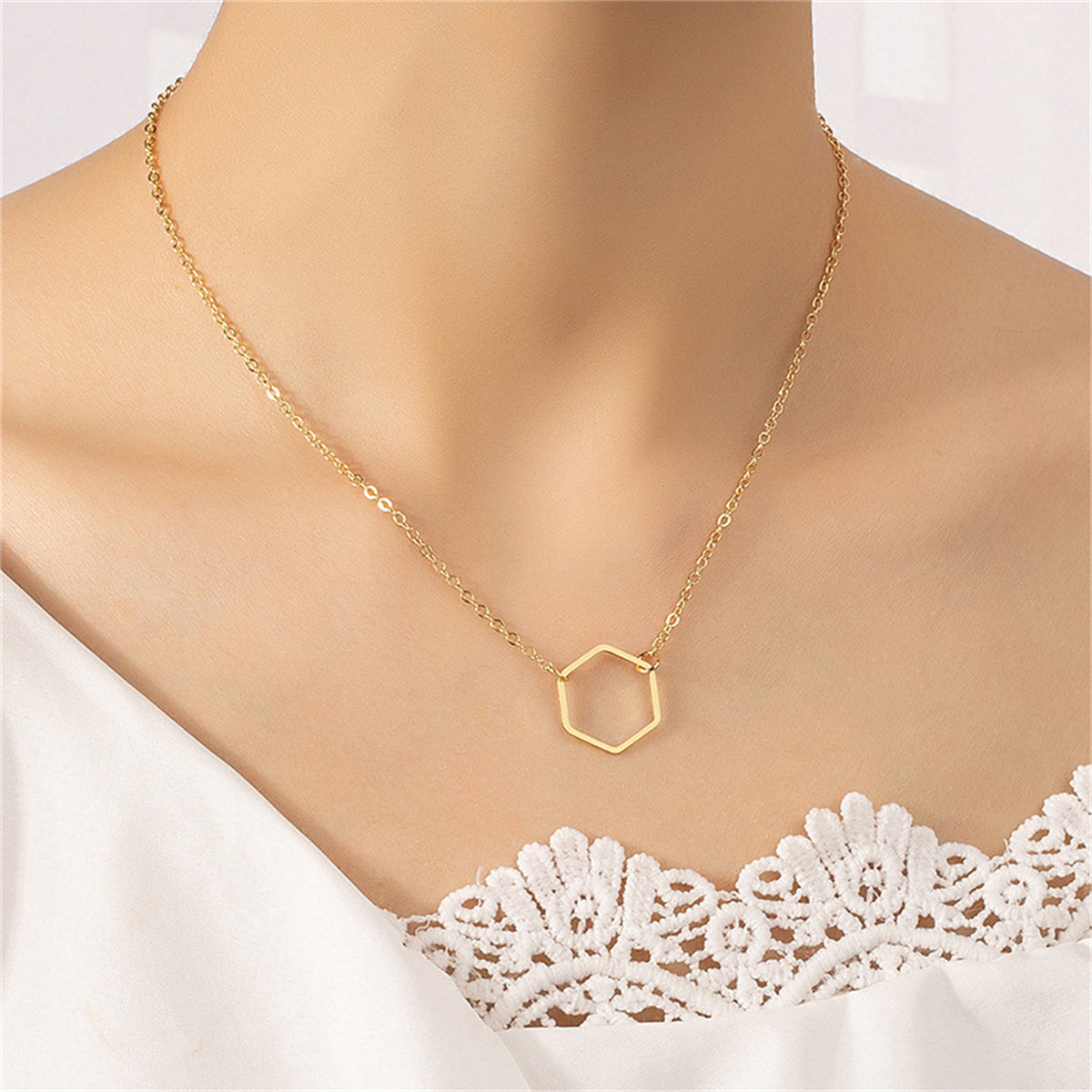 18K Gold-Plated Open Hexagon Pendant Necklace, gold pendant necklace for women, elegant gift for her, styled look