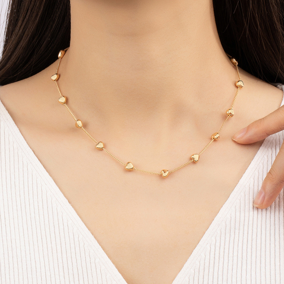 18K Gold-Plated Heart Station Necklace, gold pendant necklace for women, elegant gift for her, styled look
