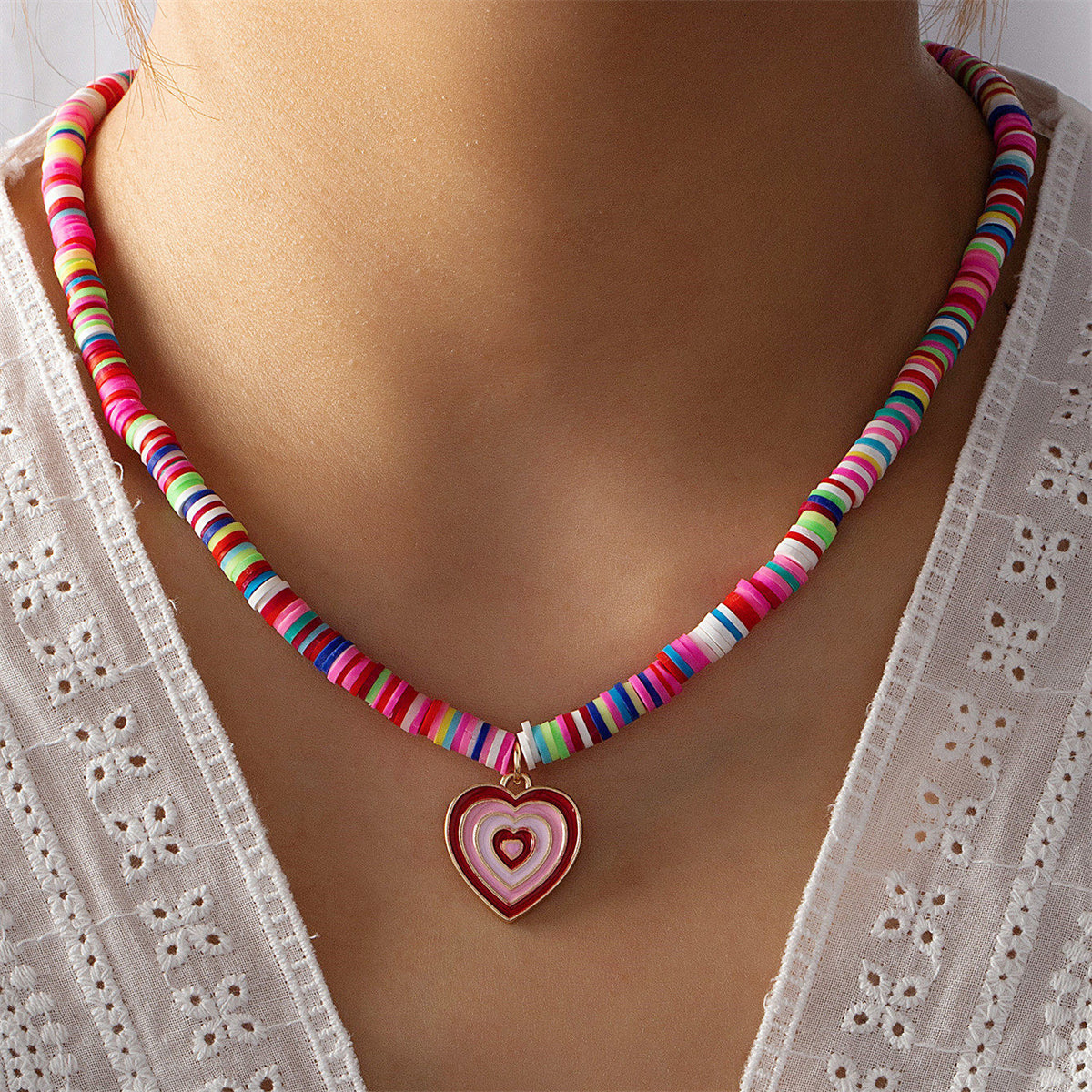 Pink & Red Enamel Polymer Clay Heart Pendant Necklace