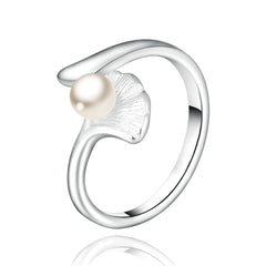 Pearl & Silver-Plated Ginkgo Leaf Bypass Ring