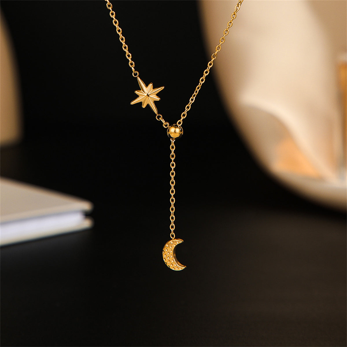 Cubic Zirconia and 18K Gold-Plated Celestial Lariat Necklace, gold pendant necklace for women, detail close-up