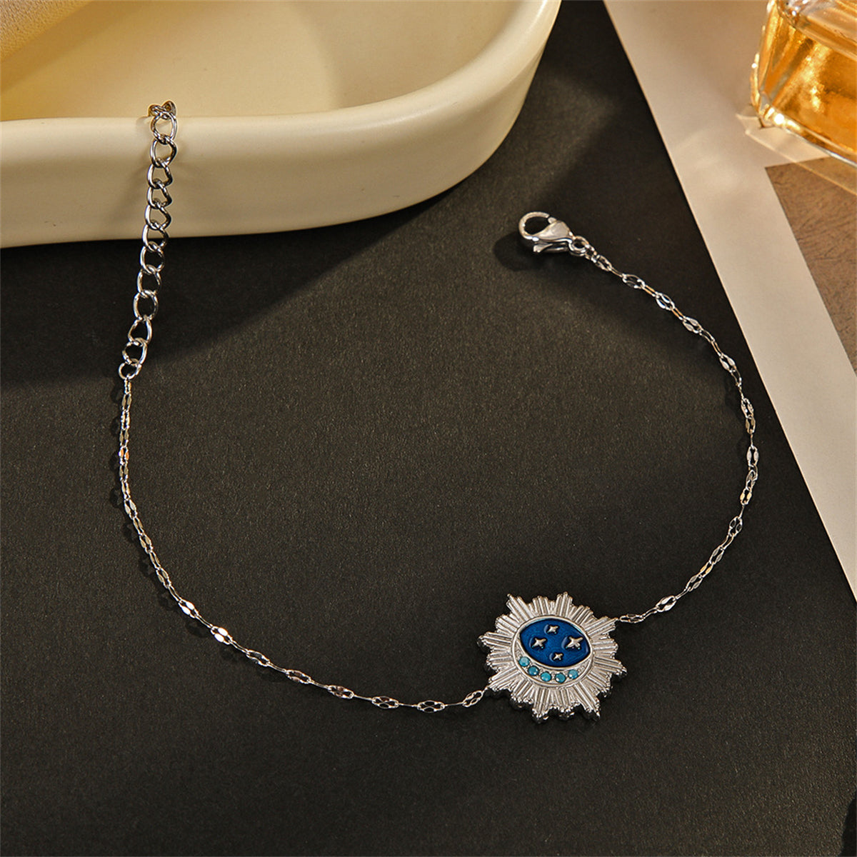 Blue Enamel and Silver-Plated Celestial Charm Bracelet, silver bracelet for women, elegant gift for her, side view