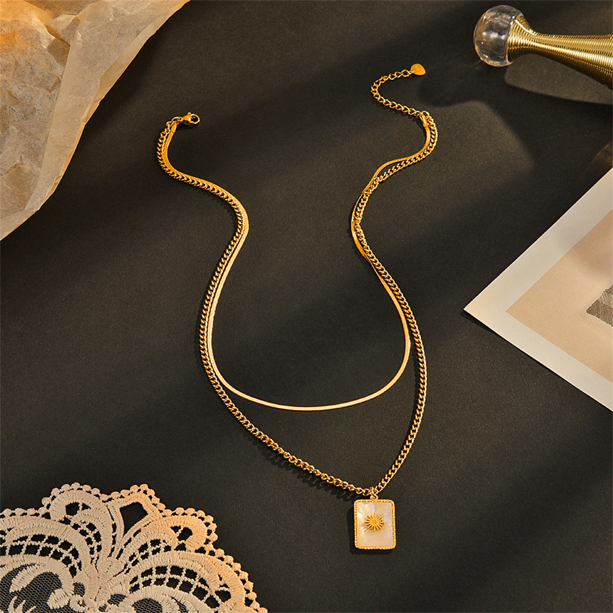 Shell and 18K Gold-Plated Mum Floral Rectangle Layered Pendant Necklace, gold pendant necklace for women, detail close-up