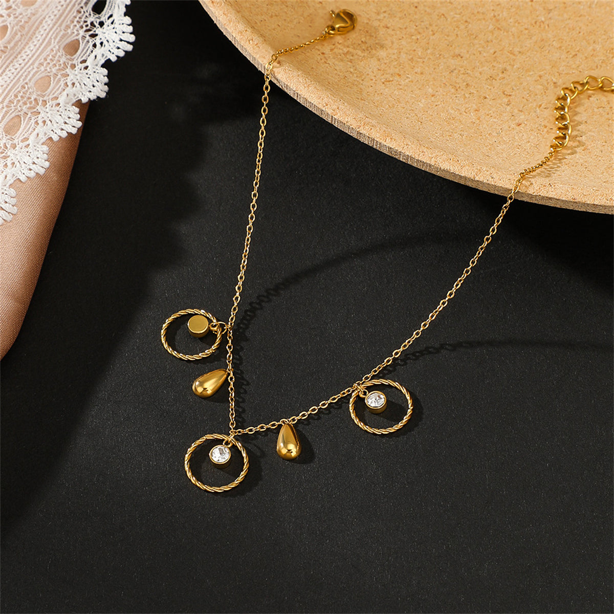 Cubic Zirconia and 18K Gold-Plated Circle Charm Anklet, gold anklet bracelet, botanical inspired, styled look