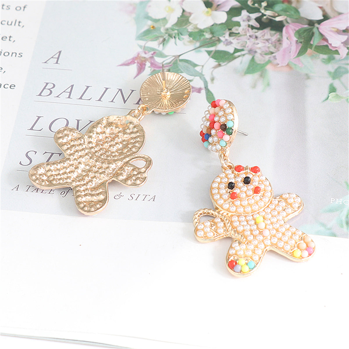 Pearl and 18K Gold-Plated Gingerbread Man Drop Earrings, gold drop earrings for women, elegant gift for her, styled look