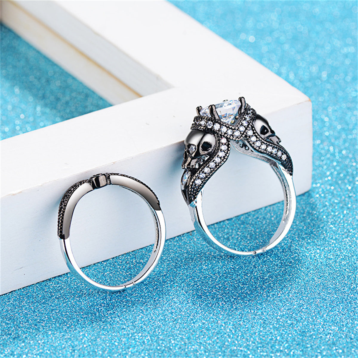 Crystal and Cubic Zirconia Skull Ring Set, jewelry gift sets for women, vintage-inspired design, lifestyle look