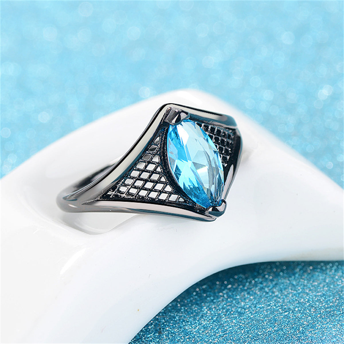 Sea Blue Crystal Black-Tone Marquise Web Ring, statement rings for women, dainty minimalist design, styled look