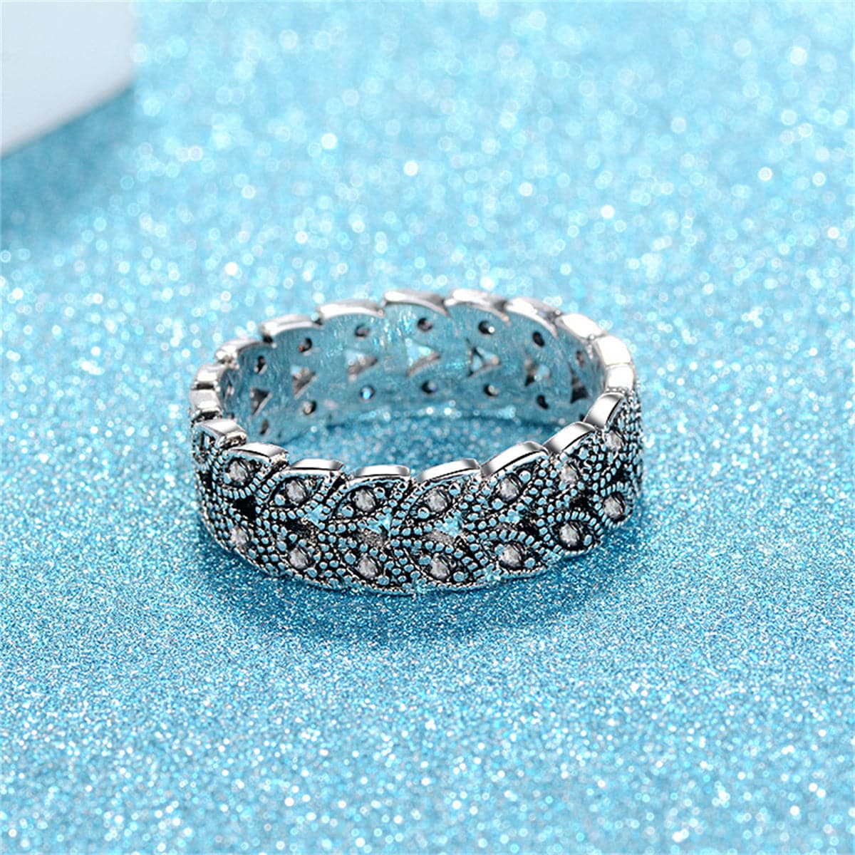 Cubic Zirconia and Silver-Plated Leaves Band Ring, silver statement rings for women, botanical inspired, styled look