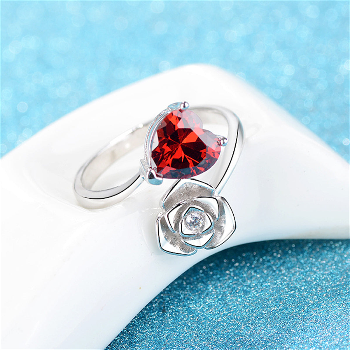 Red Crystal and Cubic Zirconia Heart and Rose Bypass Ring, statement rings for women, vintage-inspired design, styled look