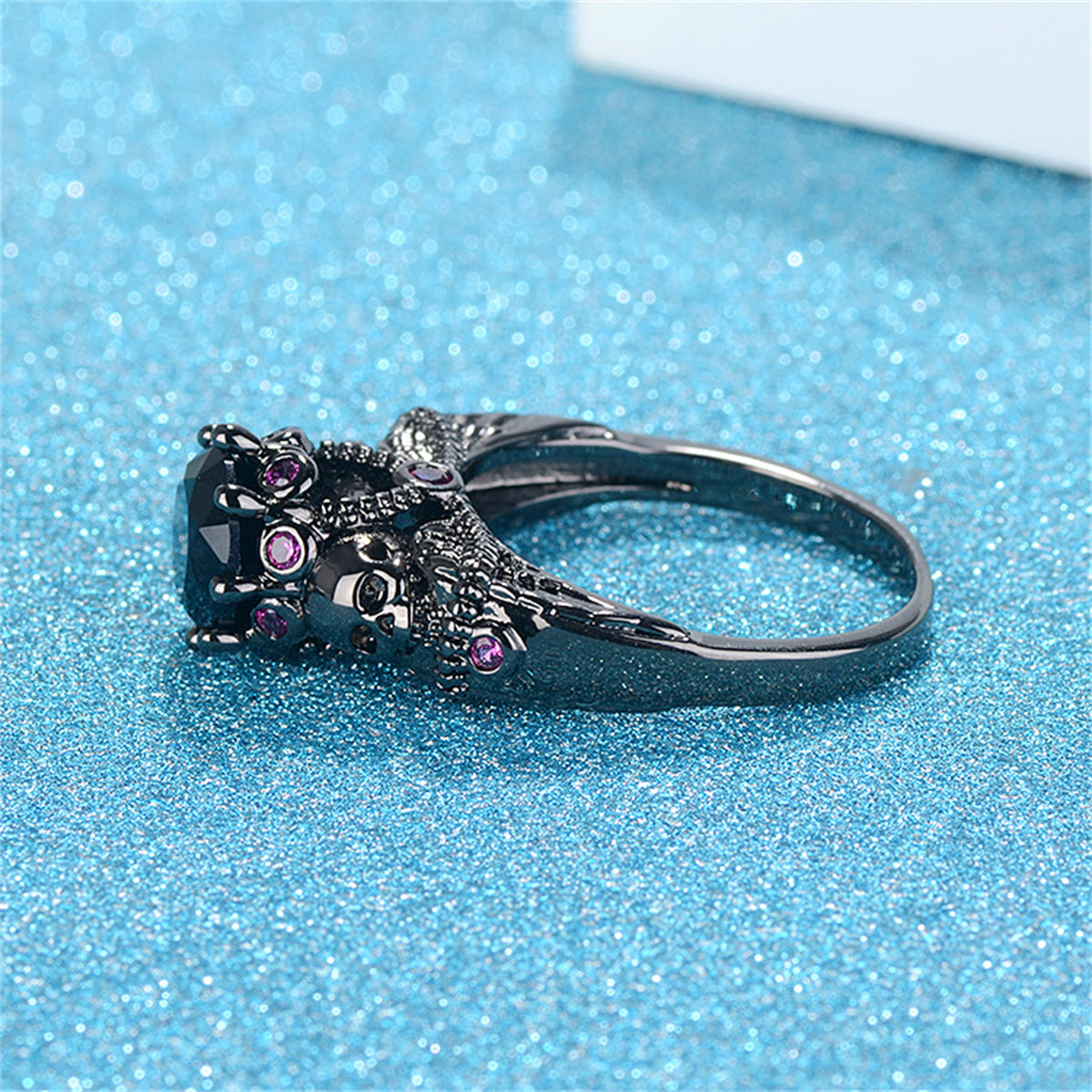 Black Crystal and Cubic Zirconia Skull Ring, statement rings for women, elegant gift for her, styled look