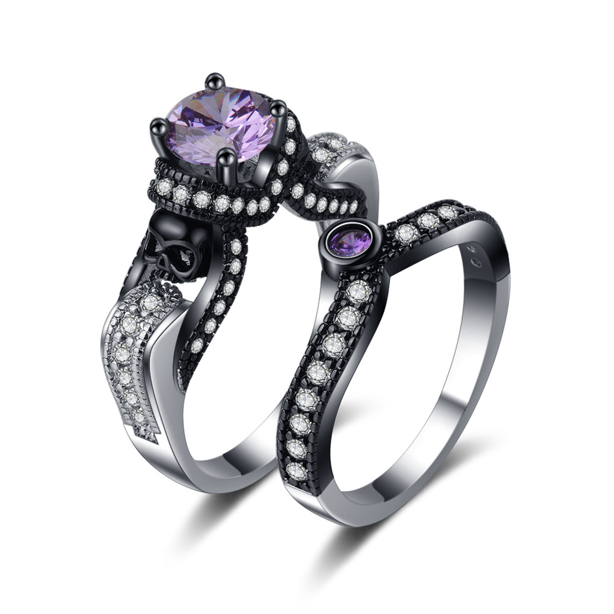 Purple Crystal and Cubic Zirconia Skull Ring Set, jewelry gift sets for women, dainty minimalist design, front view