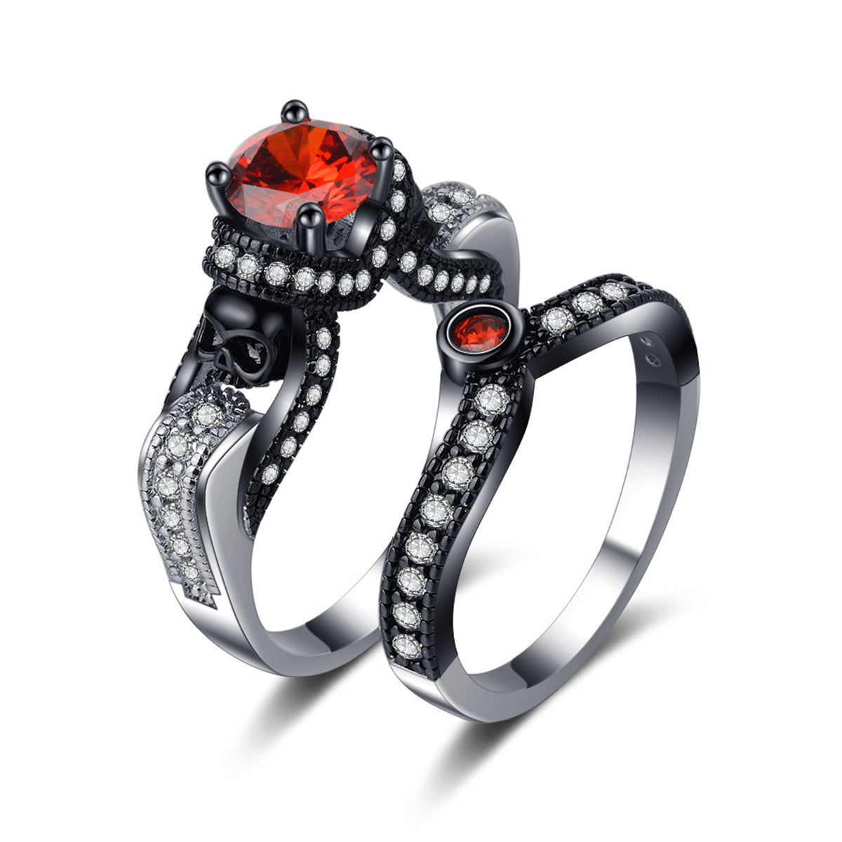 Red Crystal and Cubic Zirconia Skull Ring Set, jewelry gift sets for women, everyday style, front view