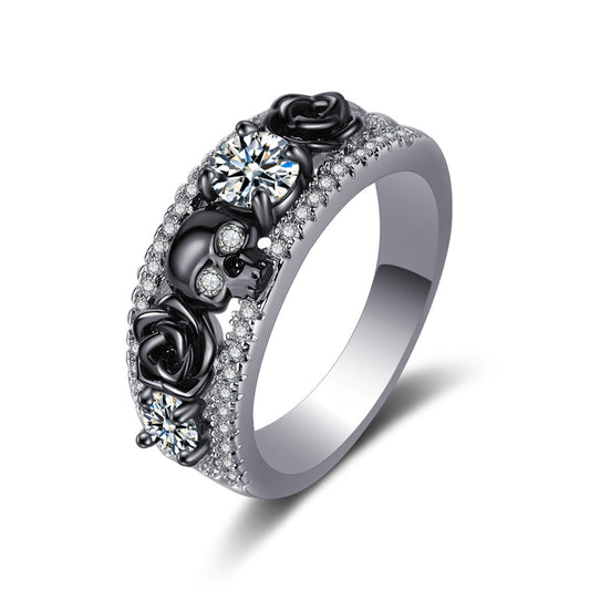 Crystal and Cubic Zirconia Two-Tone Skull Rose Ring, statement rings for women, elegant gift for her, side view