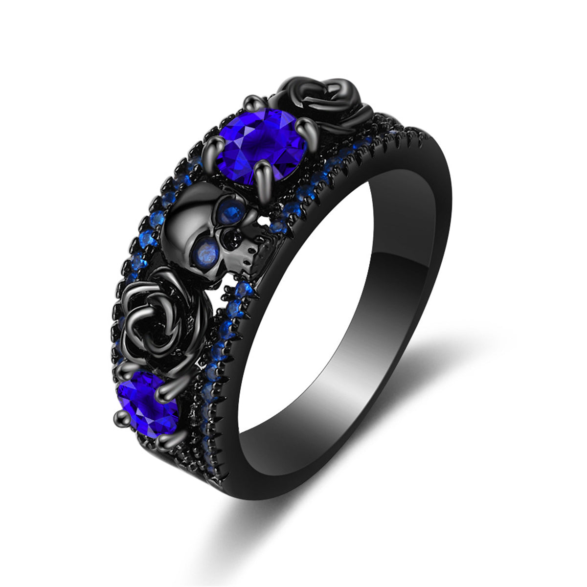 Blue Crystal and Cubic Zirconia Skull Rose Ring, statement rings for women, botanical inspired, front view