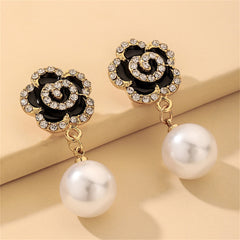 Pearl & Cubic Zirconia Enamel 18K Gold-Plated Flower Drop Earrings