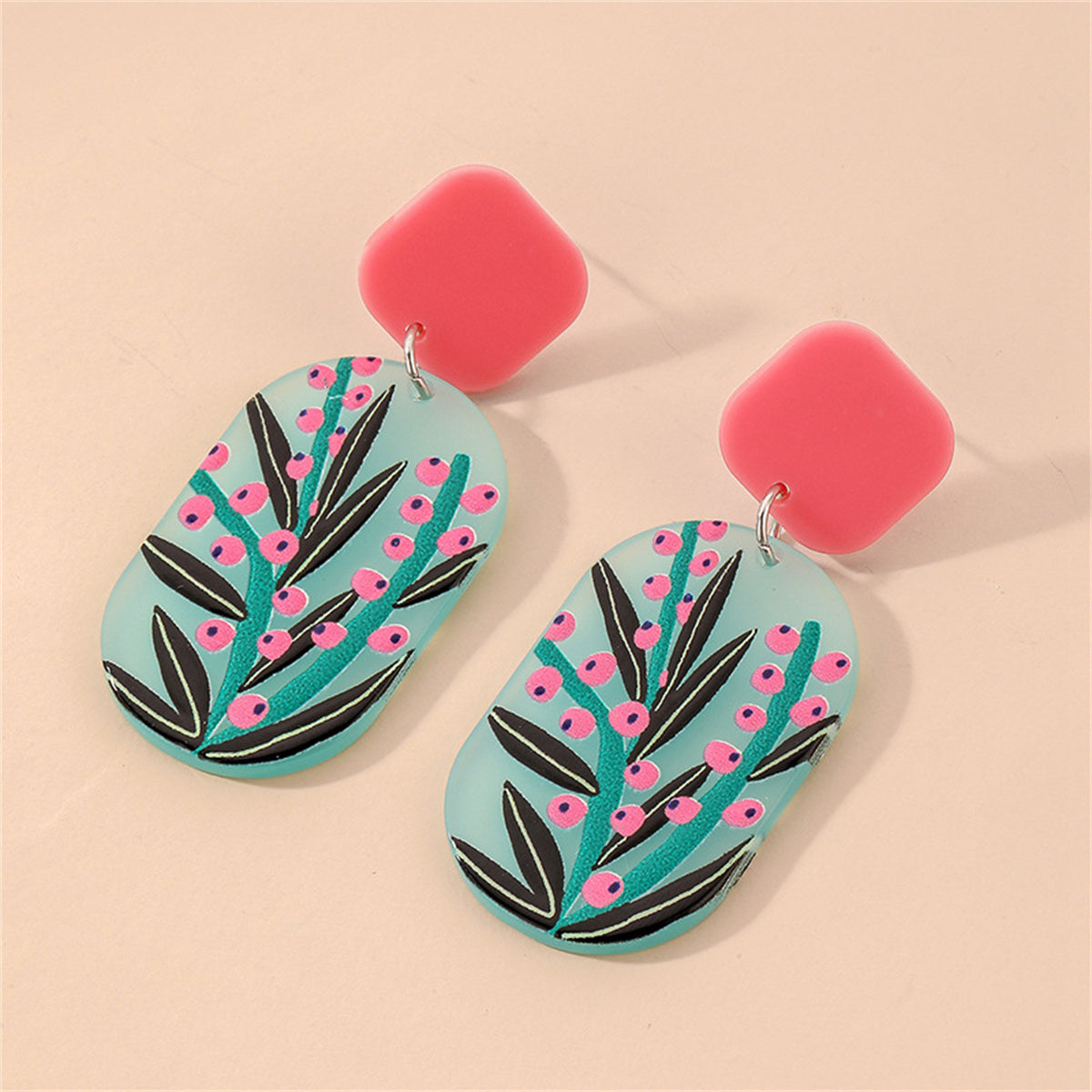 Green and Pink Flower Card Drop Earrings, drop earrings for women, elegant gift for her, detail close-up