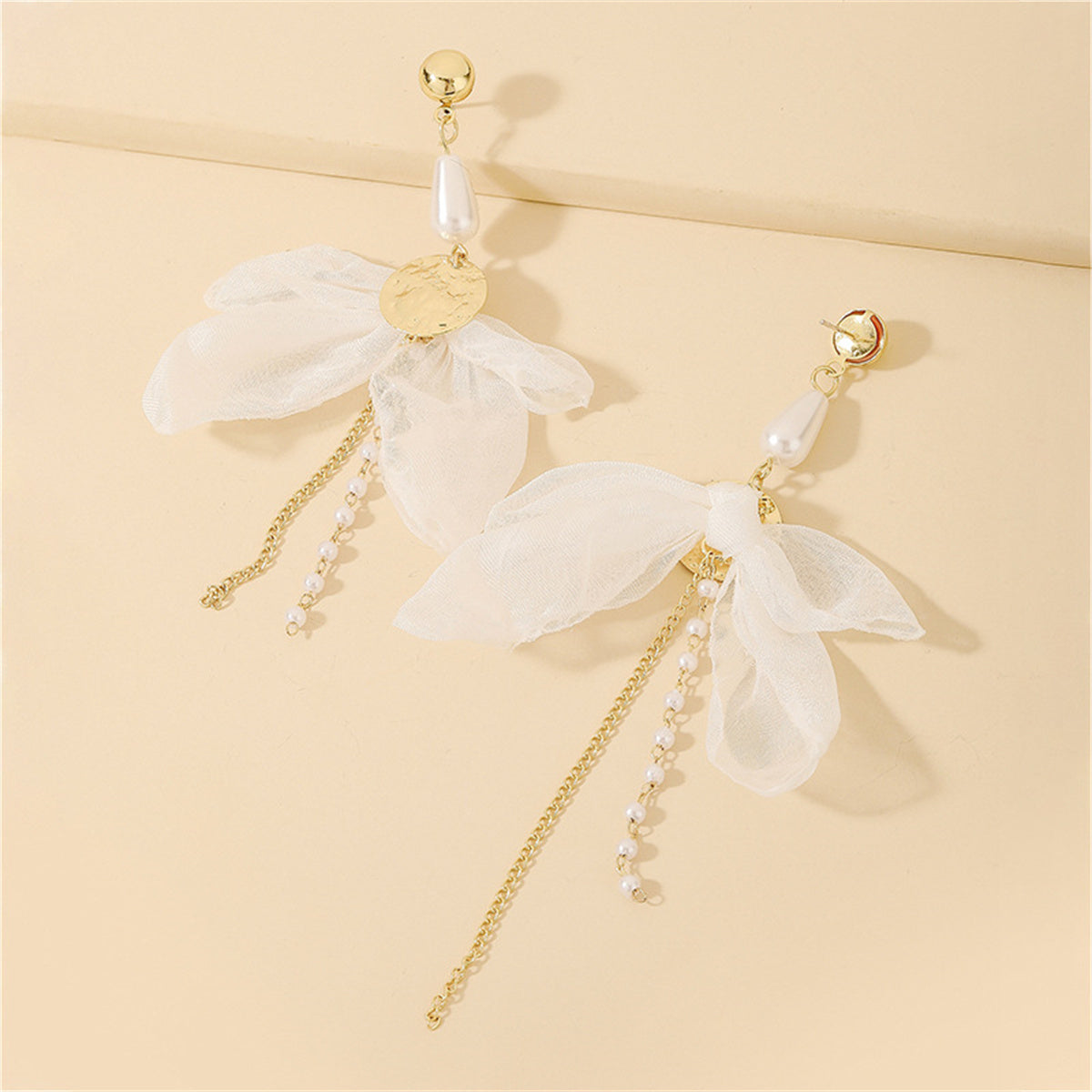 Pearl and Mesh 18K Gold-Plated Coin Bow Drop Earrings, gold drop earrings for women, dainty minimalist design, styled look