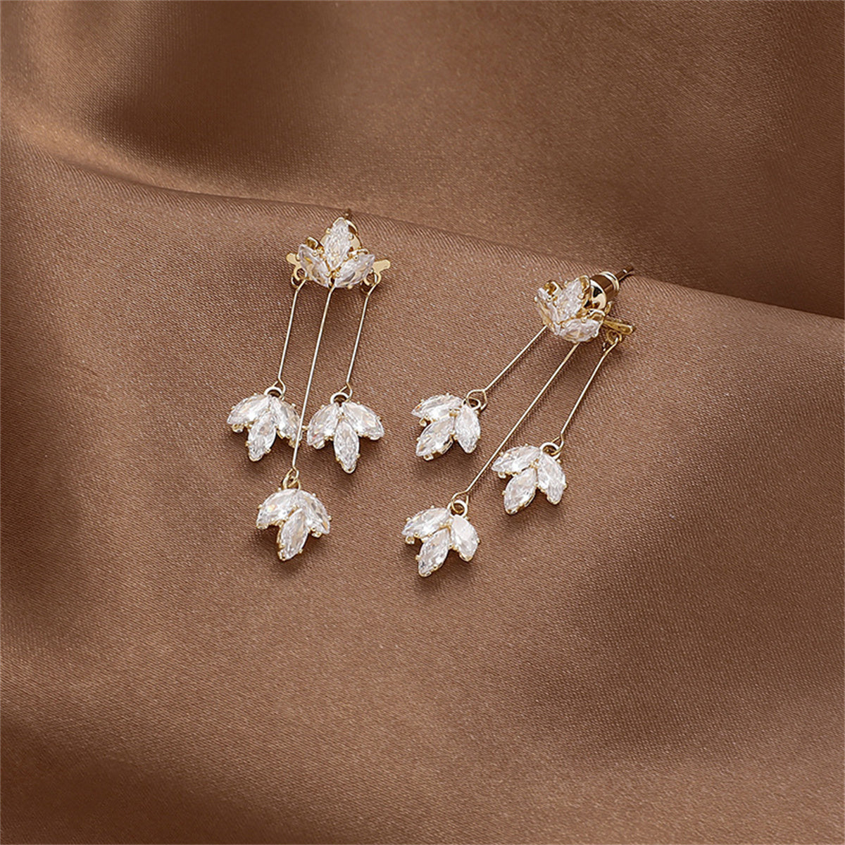 Crystal and 18K Gold-Plated Floral Drop Earrings, gold drop earrings for women, dainty minimalist design, lifestyle look