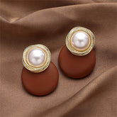 Brown Polystyrene & Pearl Circle Dangle Earrings
