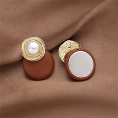 Brown Polystyrene & Pearl Circle Dangle Earrings