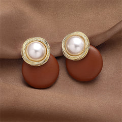 Brown Polystyrene & Pearl Circle Dangle Earrings