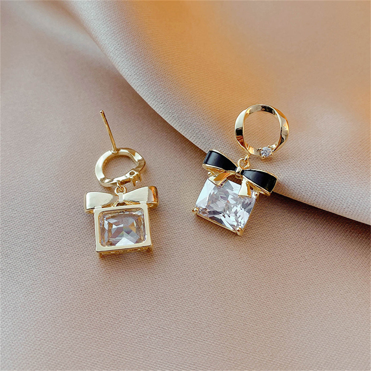 Cubic Zirconia and Crystal 18K Gold-Plated Bow Square Drop Earrings, gold drop earrings for women, detail close-up