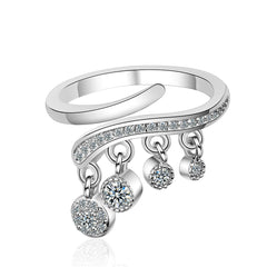 Elegant silver ring adorned with three diamonds and a chic dangling chain, perfect for any occasion.