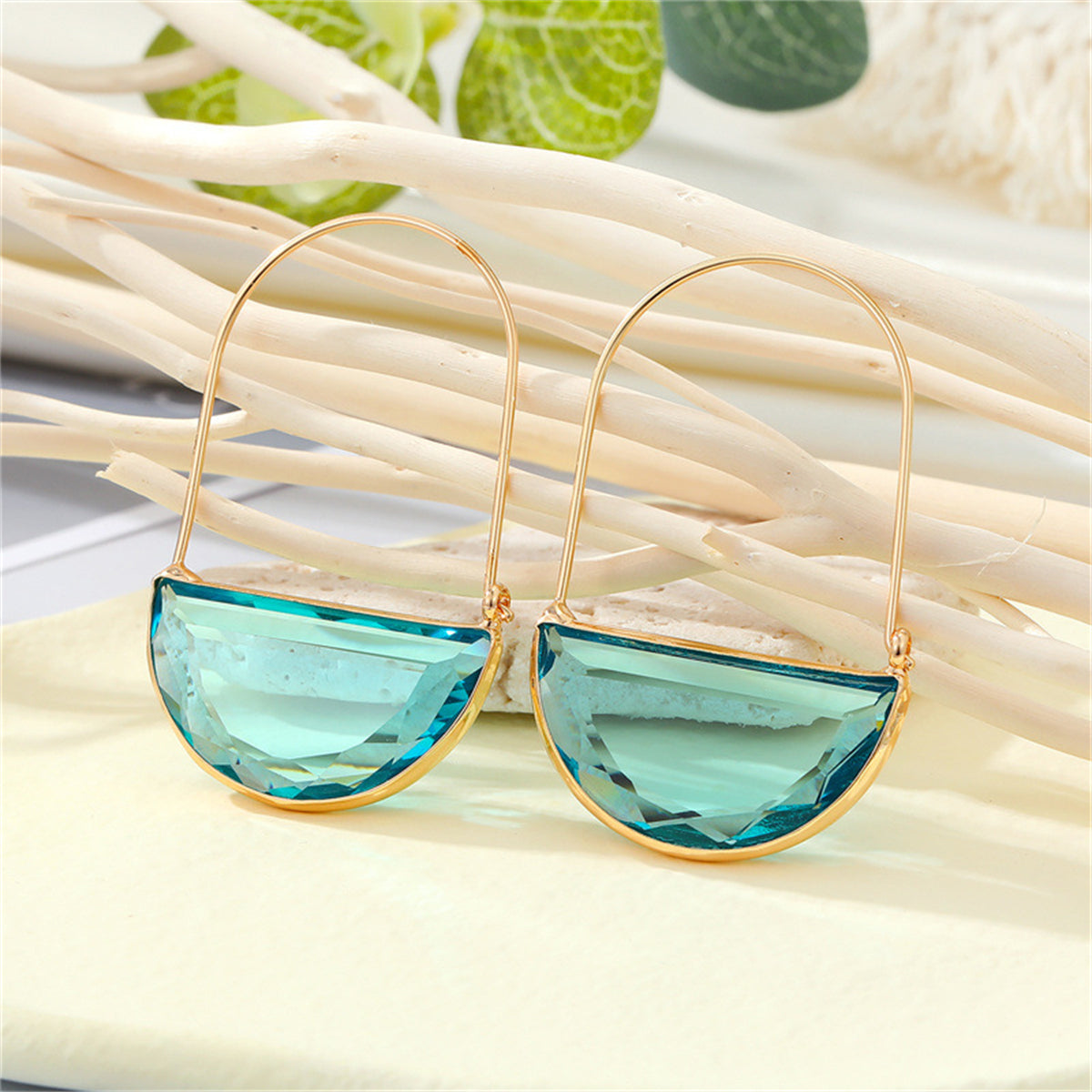 Blue Crystal and 18K Gold-Plated Semicircle Drop Earrings, gold drop earrings for women, vintage-inspired design, front view