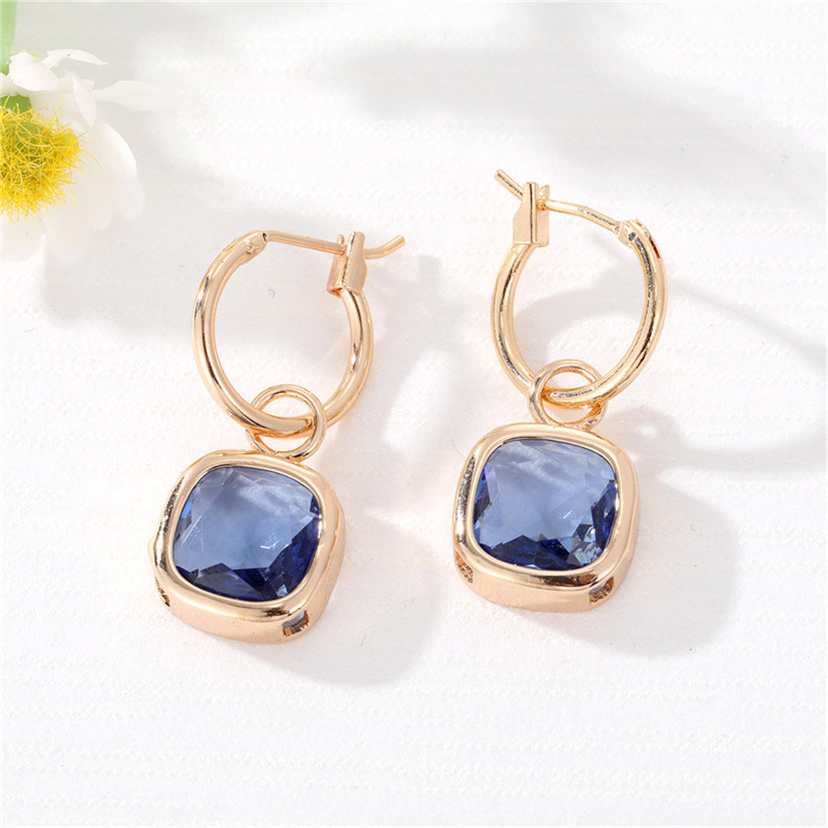 Blue Crystal and 18K Gold-Plated Cube Drop Huggie Earrings, gold huggie earrings, everyday style, front view