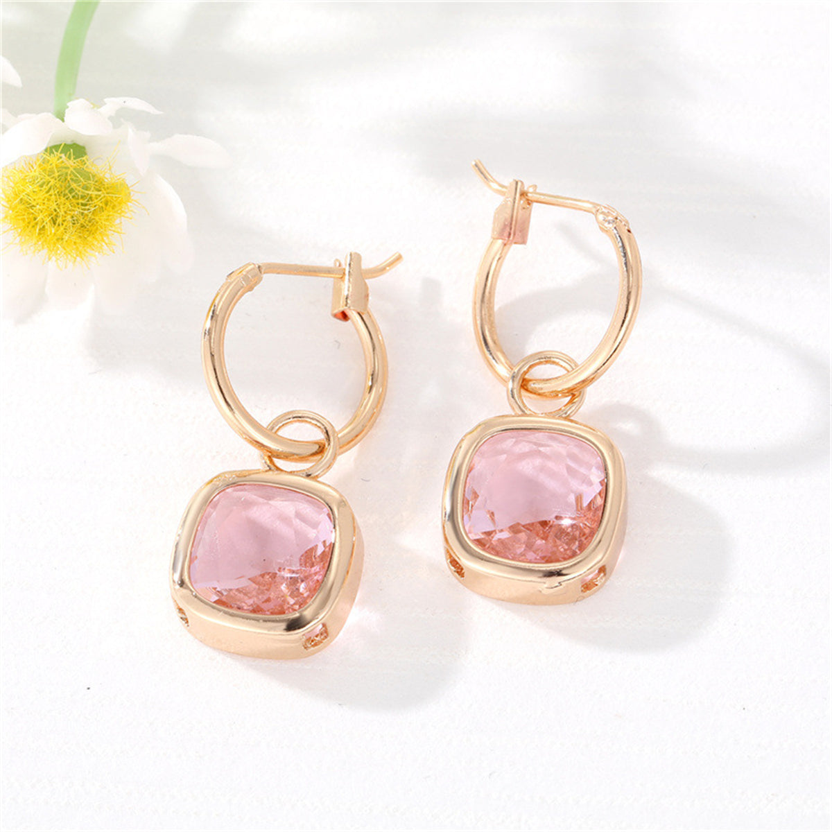 Pink Crystal and 18K Gold-Plated Cube Drop Huggie Earrings, gold huggie earrings, elegant gift for her, front view