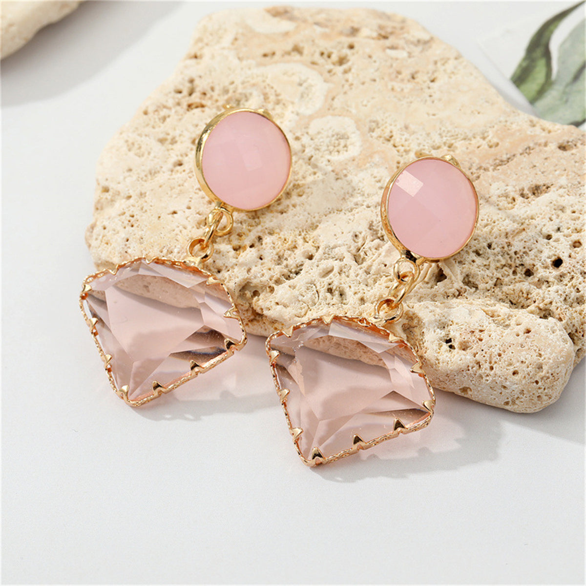 Pink Quartz and Crystal Triangle Drop Earrings, drop earrings for women, dainty minimalist design, front view