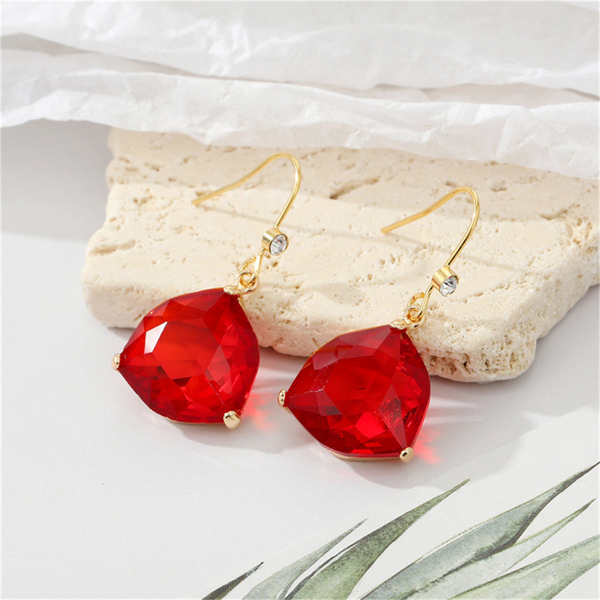 Red Crystal and Cubic Zirconia Hexagon Drop Earrings, drop earrings for women, vintage-inspired design, front view
