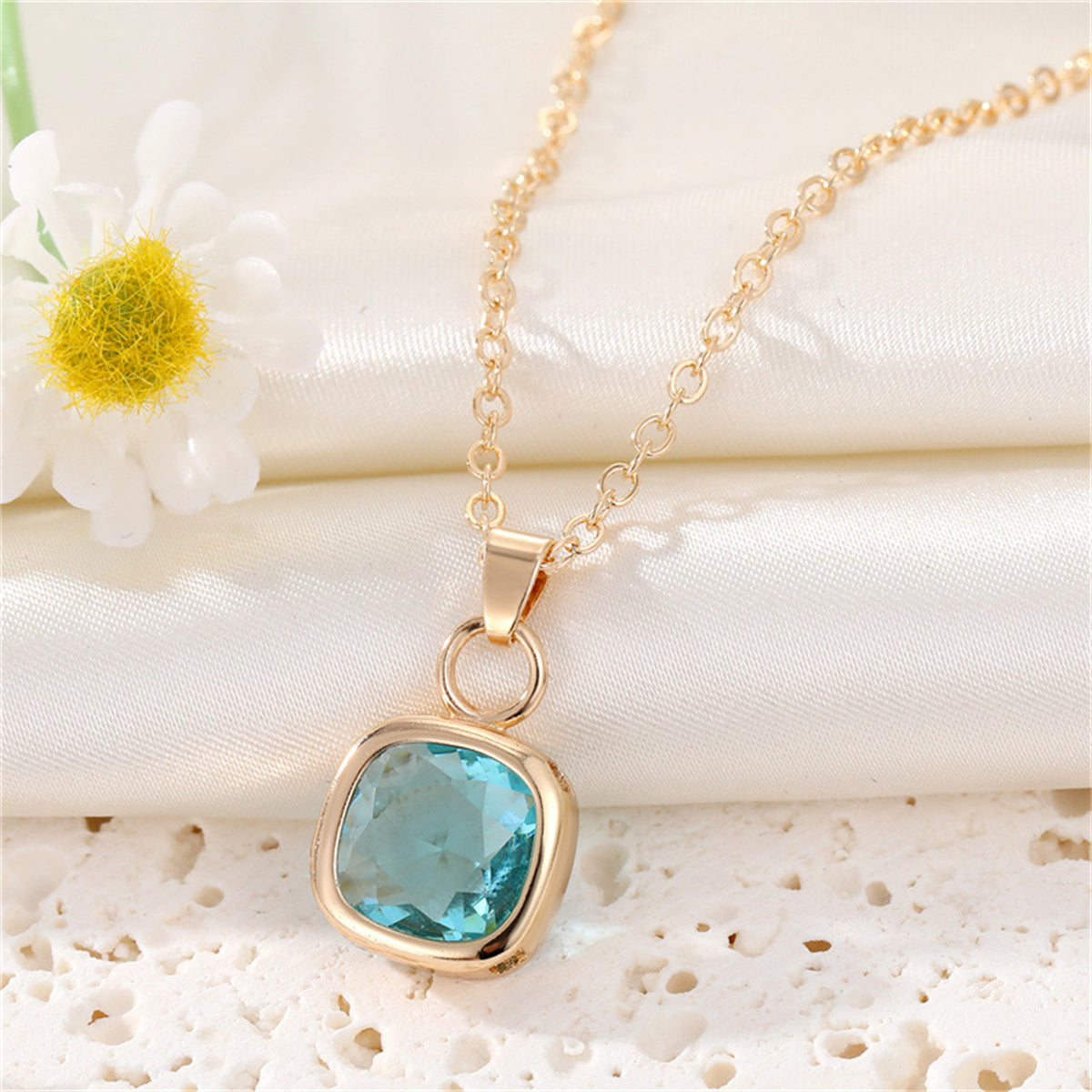 Lake Blue Crystal and 18K Gold-Plated Bezel Cushion-Cut Pendant Necklace, gold pendant necklace for women, front view