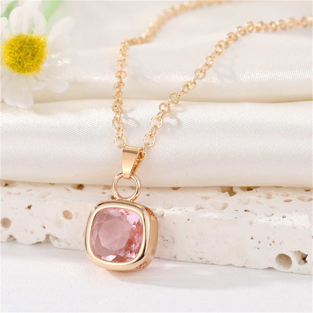 Pink Crystal and 18K Gold-Plated Square Pendant Necklace, gold pendant necklace for women, everyday style, front view