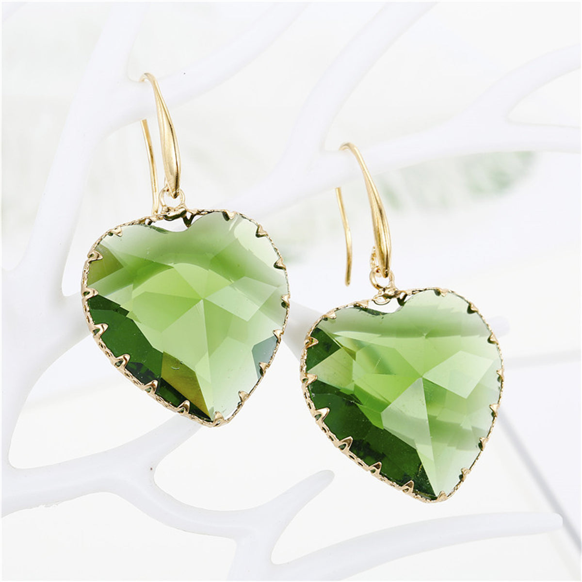 Green Crystal and 18K Gold-Plated Heart Drop Earrings, gold drop earrings for women, vintage-inspired design, front view