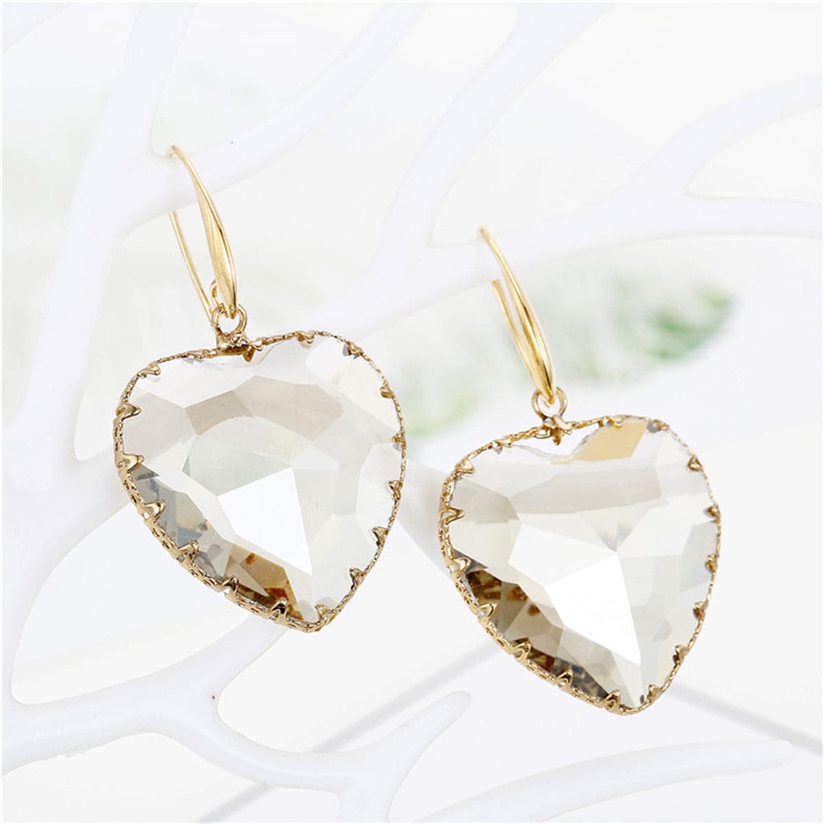 Crystal and 18K Gold-Plated Heart Drop Earrings, gold drop earrings for women, elegant gift for her, front view