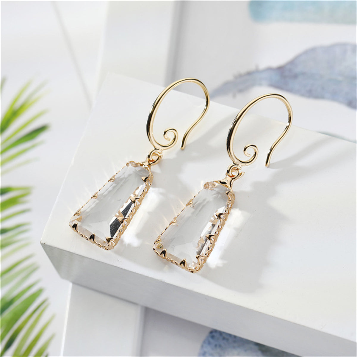 Crystal and 18K Gold-Plated Ladder Drop Earrings, gold drop earrings for women, botanical inspired, front view