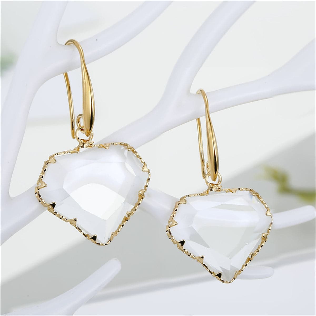 White Crystal and 18K Gold-Plated Heart Drop Earrings, gold drop earrings for women, everyday style, front view