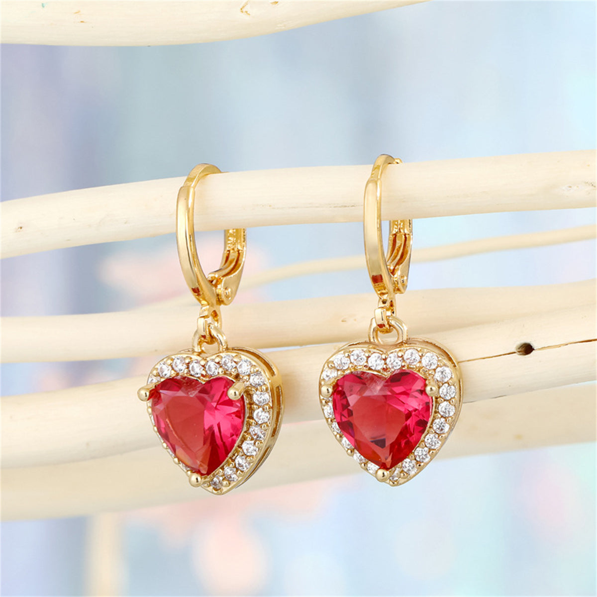 Red Crystal and Cubic Zirconia Halo Heart Huggie Earrings, huggie earrings, dainty minimalist design, front view