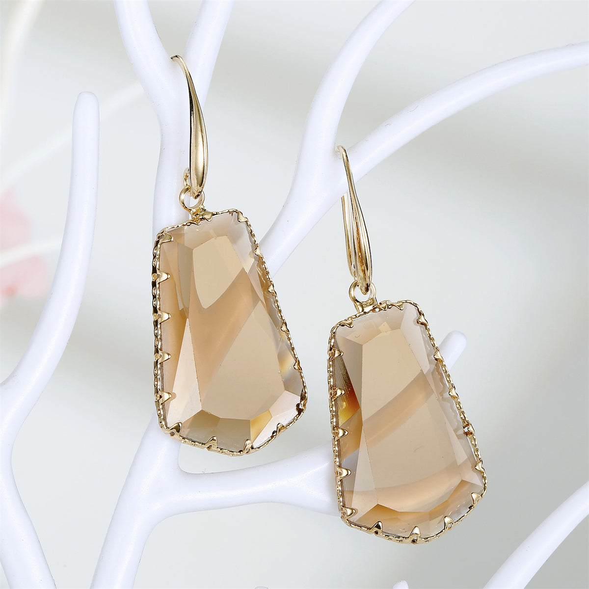 Coffee Crystal and 18K Gold-Plated Ladder Drop Earrings, gold drop earrings for women, botanical inspired, front view