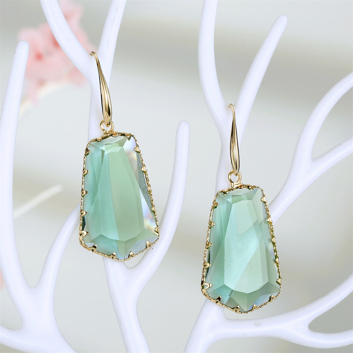 Green Crystal and 18K Gold-Plated Ladder Drop Earrings, gold drop earrings for women, vintage-inspired design, front view