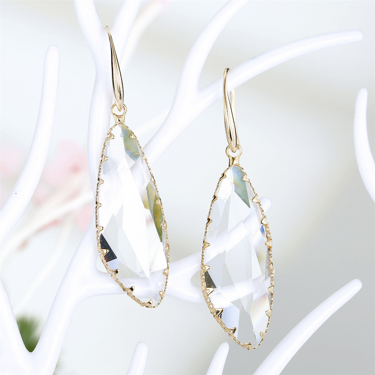 Crystal and 18K Gold-Plated Abstract Drop Earrings, gold drop earrings for women, dainty minimalist design, front view