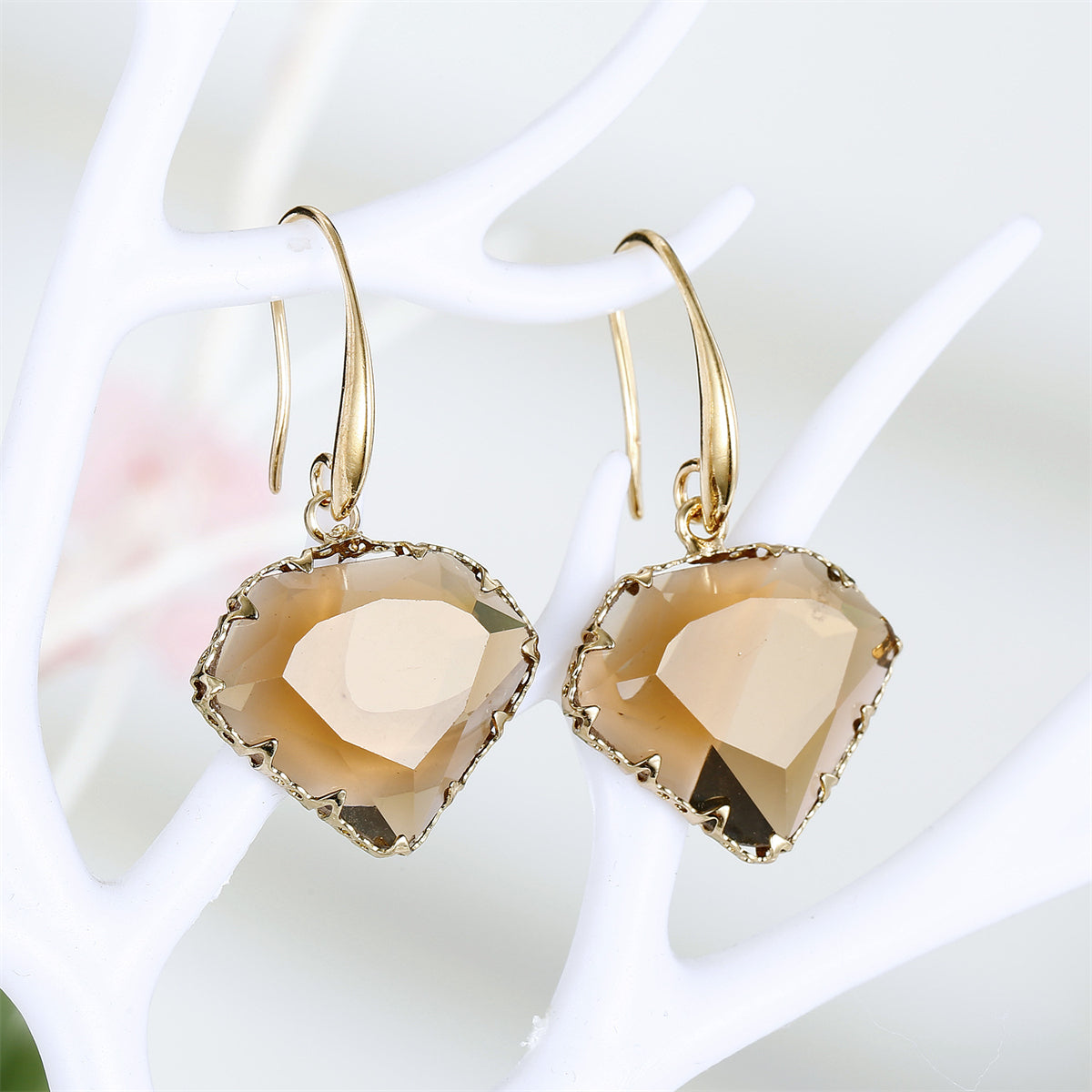 Coffee Crystal and 18K Gold-Plated Diamond-Shape Drop Earrings, gold drop earrings for women, everyday style, front view