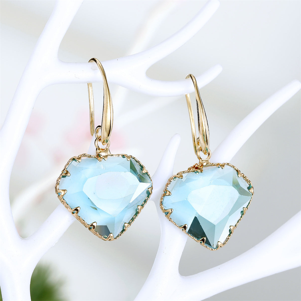 Light Blue Crystal and 18K Gold-Plated Diamond-Shape Drop Earrings, gold drop earrings for women, front view